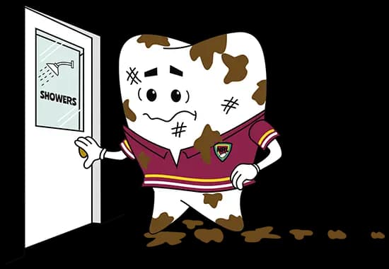 Cartoon of Broncos toothy heading into the showers representing teeth cleaning