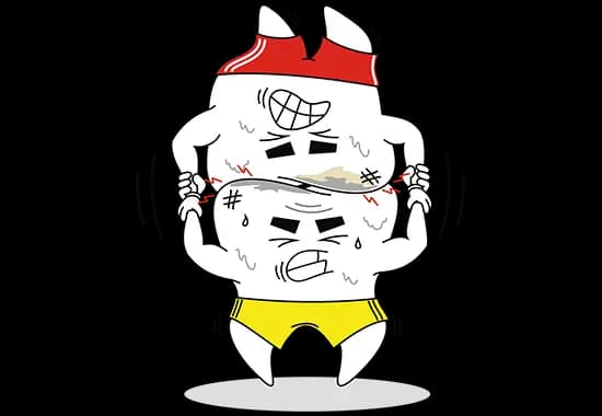 Two strongman toothy characters wrestling