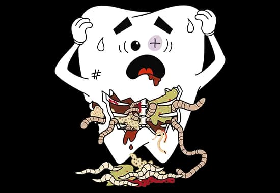 Toothy character with open stomach representing root canal treatment need