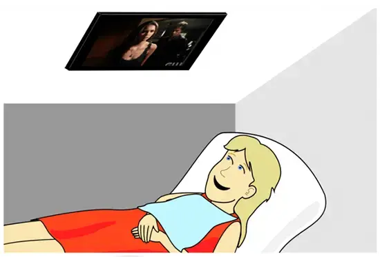 Cartoon of a relaxed dental patient watching TV while laying in-chair for dental treatment.